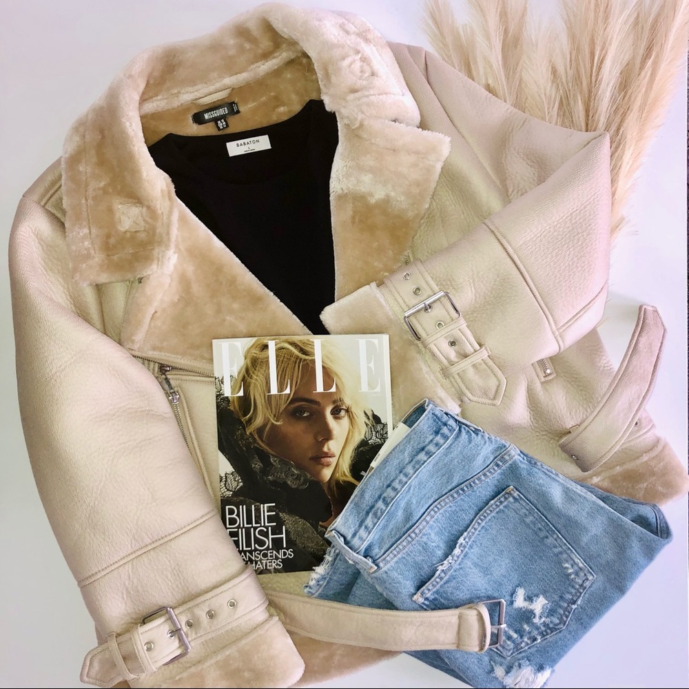 MISSGUIDED Faux Fur Aviator Jacket + belt around waist and neck + zip up